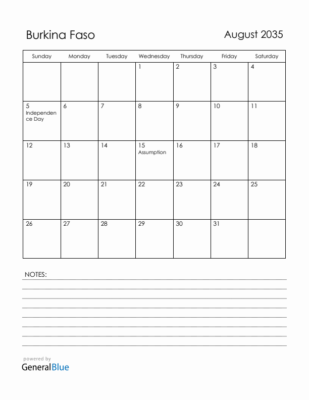 August 2035 Burkina Faso Calendar with Holidays (Sunday Start)