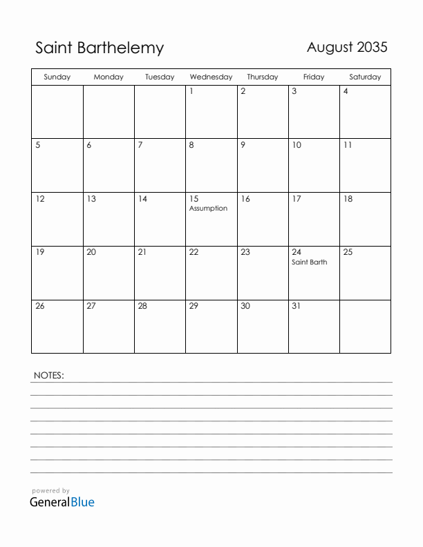 August 2035 Saint Barthelemy Calendar with Holidays (Sunday Start)