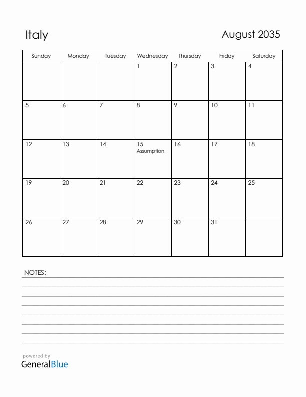 August 2035 Italy Calendar with Holidays (Sunday Start)