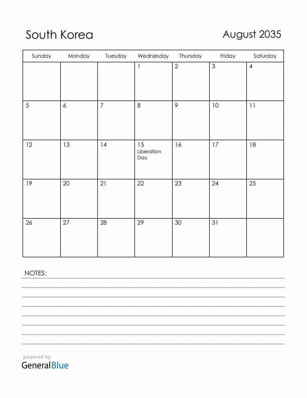 August 2035 South Korea Calendar with Holidays (Sunday Start)