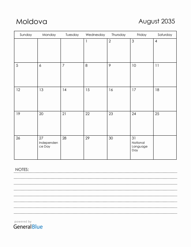 August 2035 Moldova Calendar with Holidays (Sunday Start)