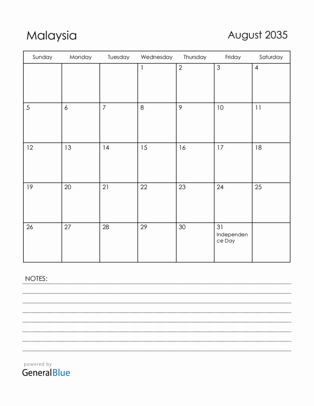 August 2035 Malaysia Calendar with Holidays (Sunday Start)