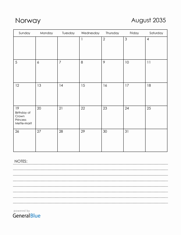 August 2035 Norway Calendar with Holidays (Sunday Start)