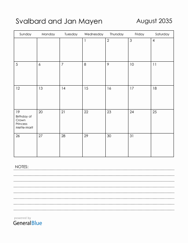 August 2035 Svalbard and Jan Mayen Calendar with Holidays (Sunday Start)