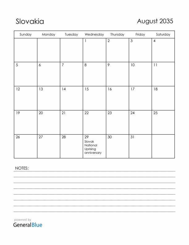 August 2035 Slovakia Calendar with Holidays (Sunday Start)