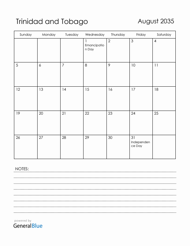 August 2035 Trinidad and Tobago Calendar with Holidays (Sunday Start)