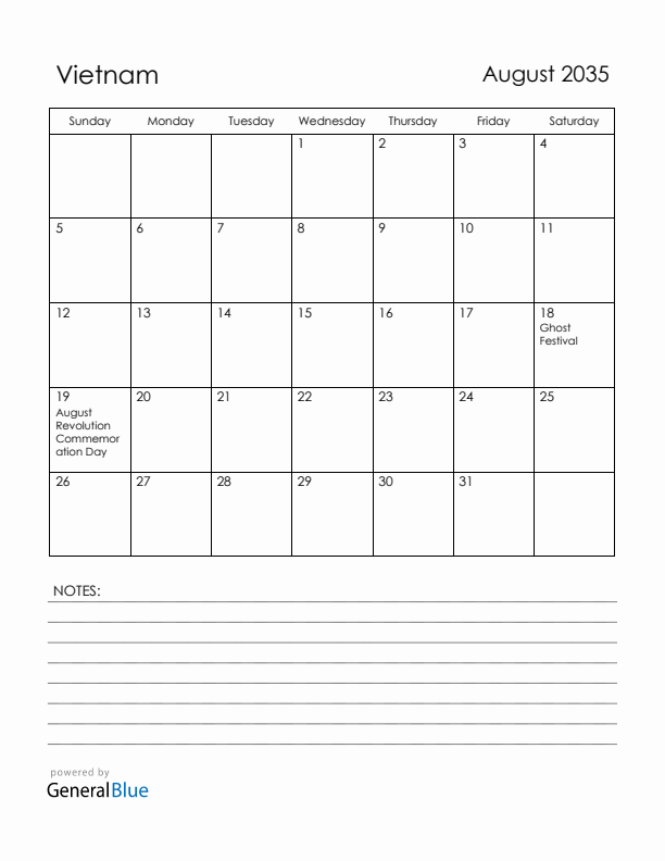 August 2035 Vietnam Calendar with Holidays (Sunday Start)