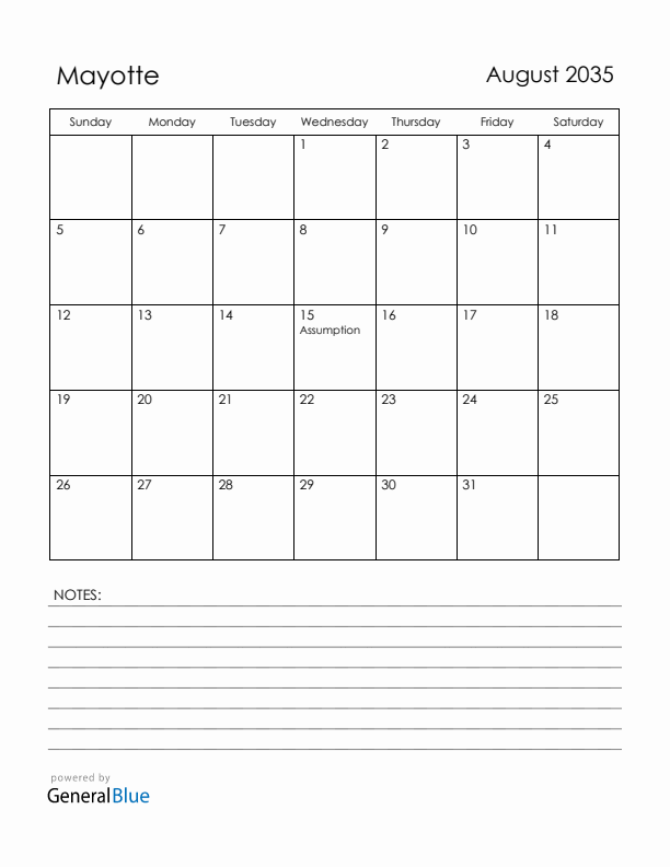 August 2035 Mayotte Calendar with Holidays (Sunday Start)