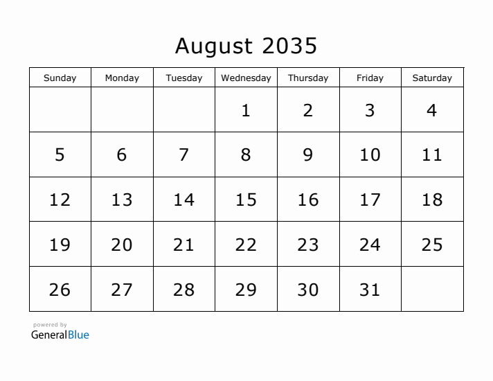 Printable August 2035 Calendar - Sunday Start