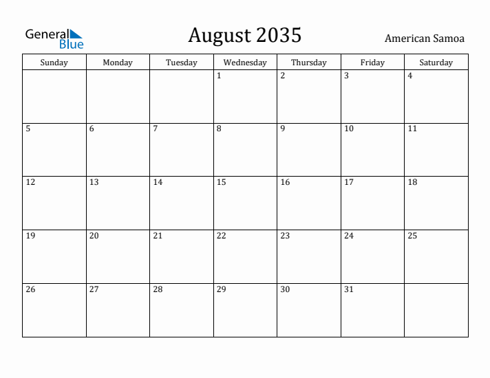 August 2035 Calendar American Samoa