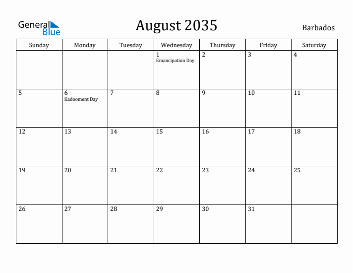 August 2035 Calendar Barbados