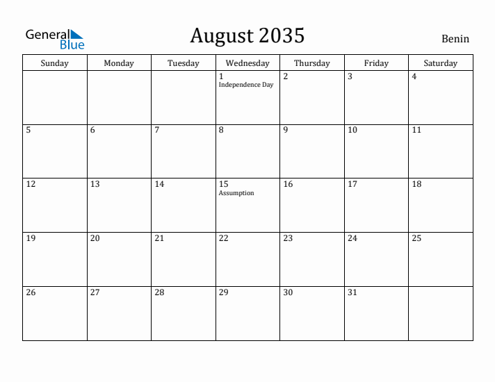 August 2035 Calendar Benin