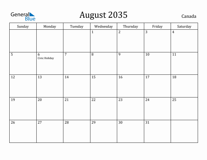 August 2035 Calendar Canada