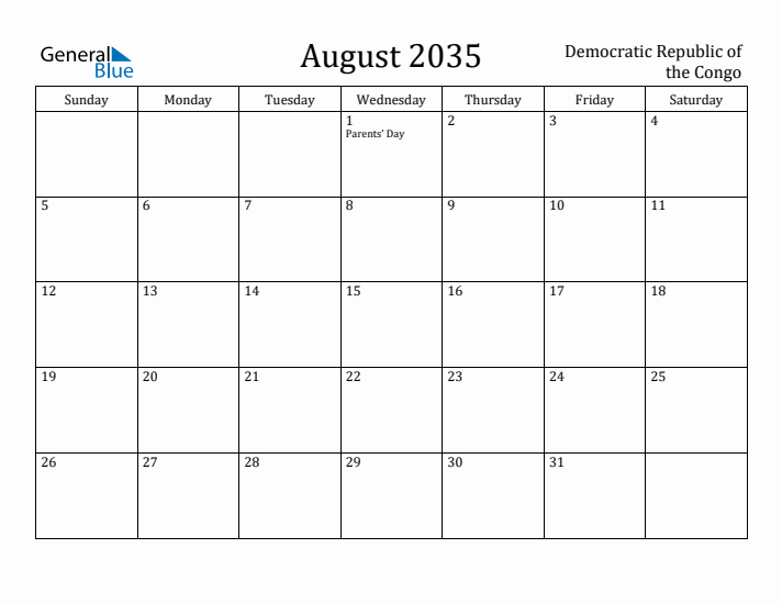 August 2035 Calendar Democratic Republic of the Congo