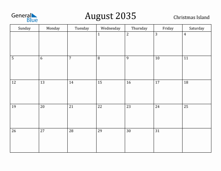 August 2035 Calendar Christmas Island