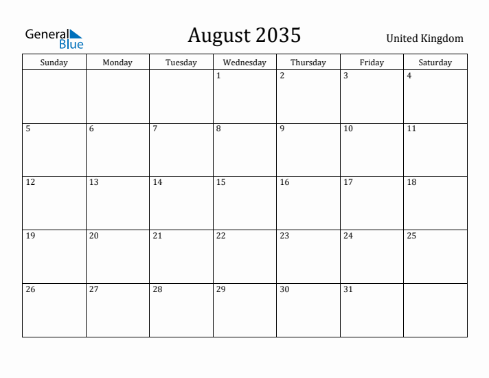 August 2035 Calendar United Kingdom