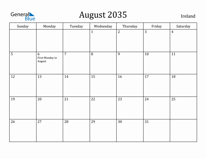 August 2035 Calendar Ireland