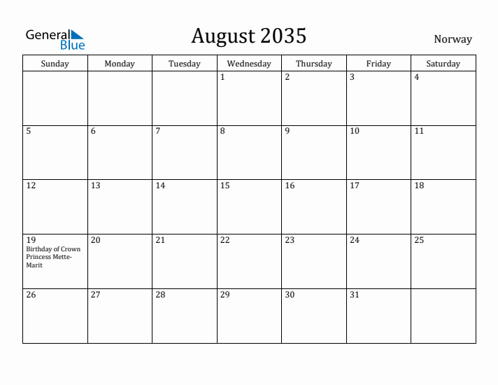 August 2035 Calendar Norway