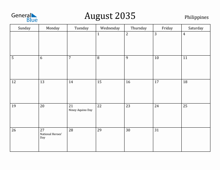 August 2035 Calendar Philippines