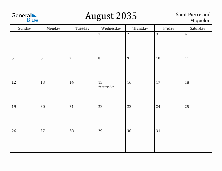August 2035 Calendar Saint Pierre and Miquelon