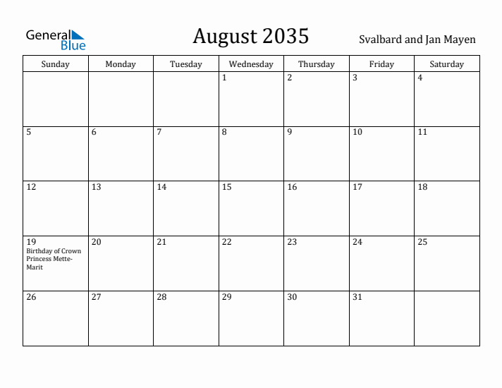 August 2035 Calendar Svalbard and Jan Mayen