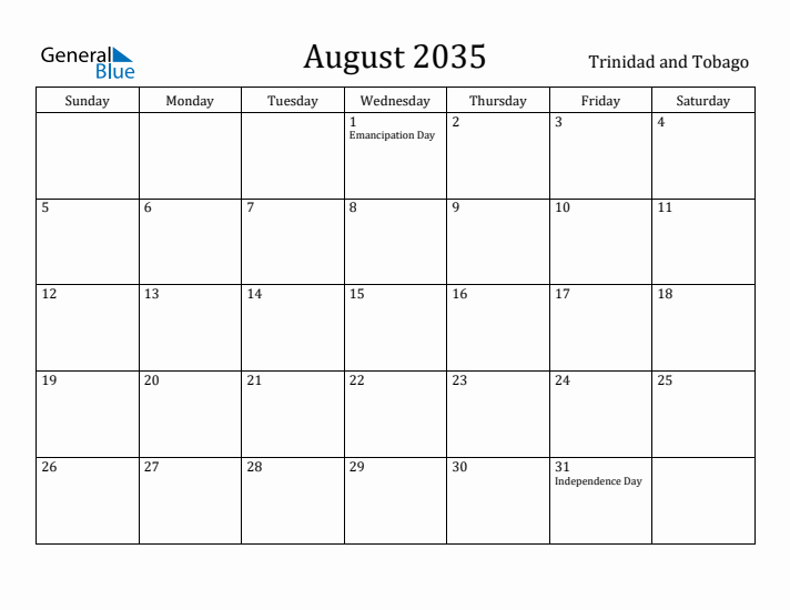 August 2035 Calendar Trinidad and Tobago