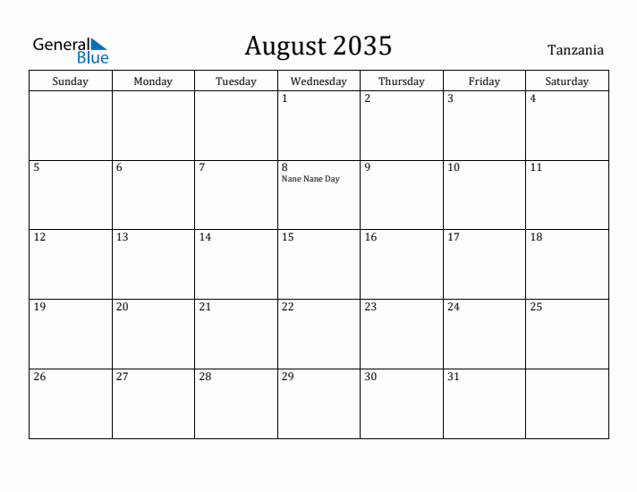 August 2035 Calendar Tanzania