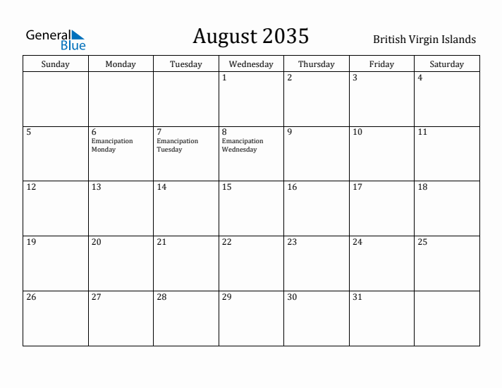 August 2035 Calendar British Virgin Islands