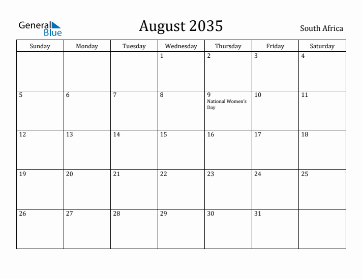 August 2035 Calendar South Africa