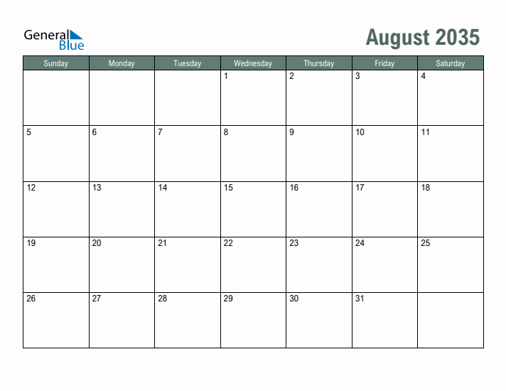 Free Printable August 2035 Calendar