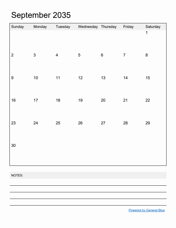 Basic Monthly Calendar Template for September 2035
