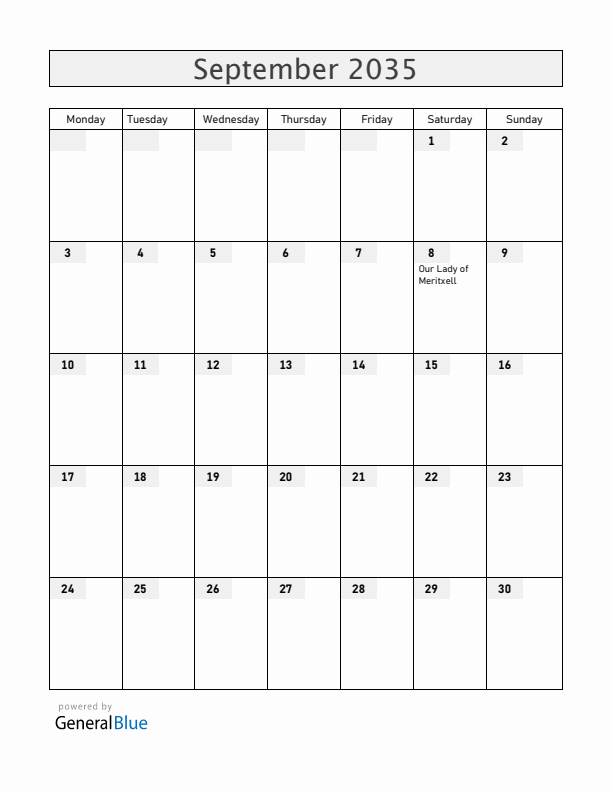 Andorra September 2035 Calendar with Holidays
