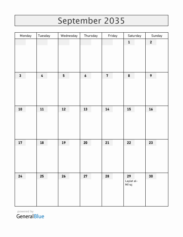 United Arab Emirates September 2035 Calendar with Holidays