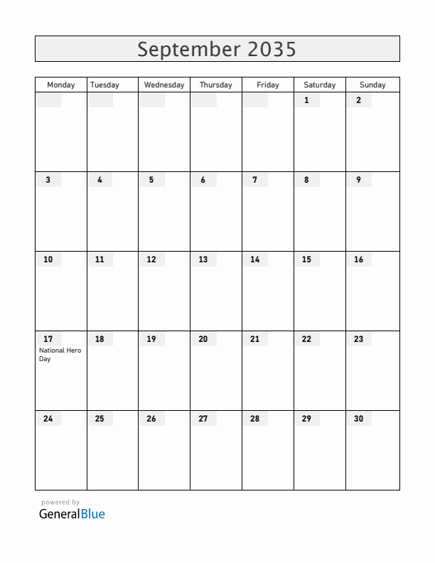 Angola September 2035 Calendar with Holidays
