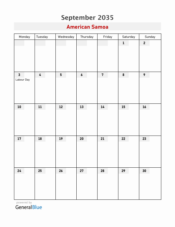American Samoa September 2035 Calendar with Holidays