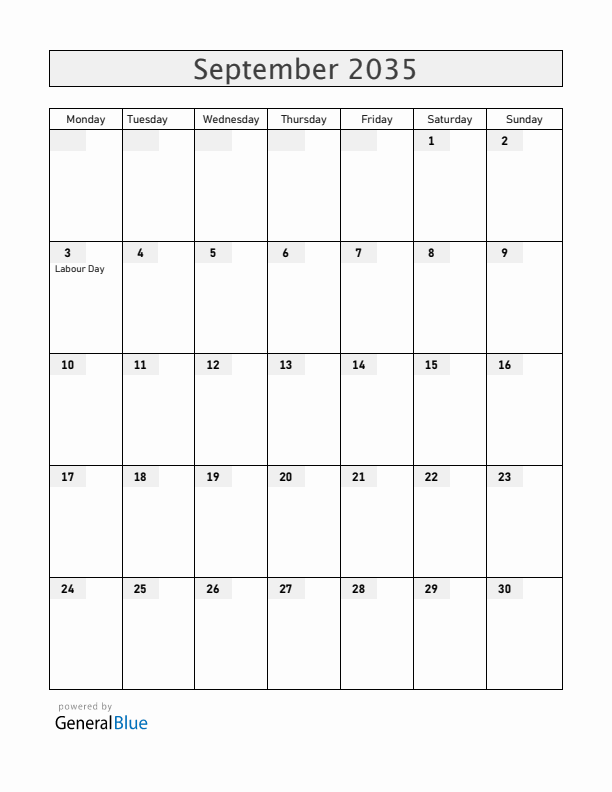 Bermuda September 2035 Calendar with Holidays
