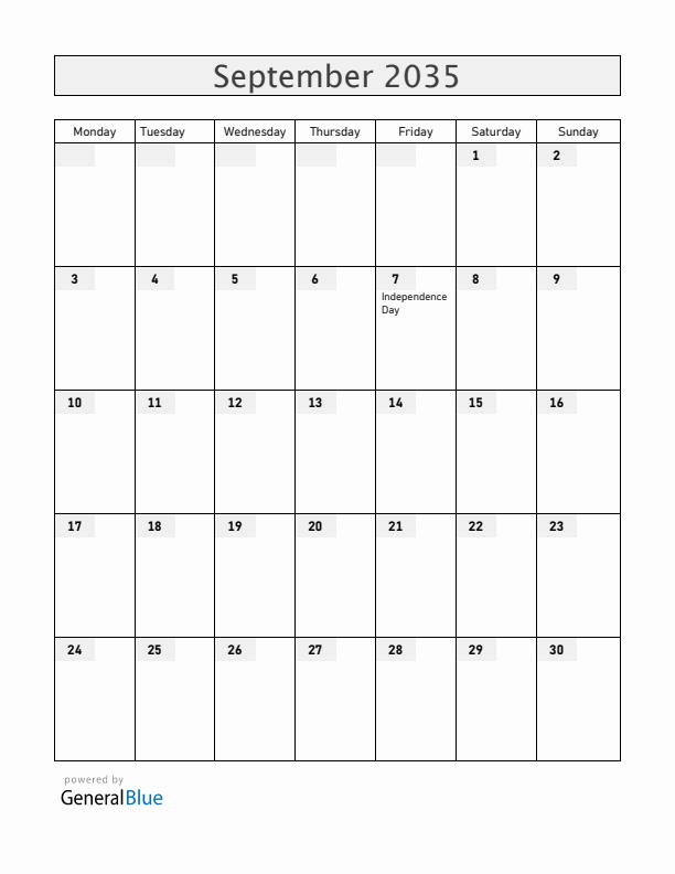 Brazil September 2035 Calendar with Holidays