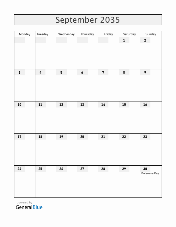 Botswana September 2035 Calendar with Holidays
