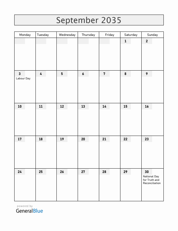 Canada September 2035 Calendar with Holidays