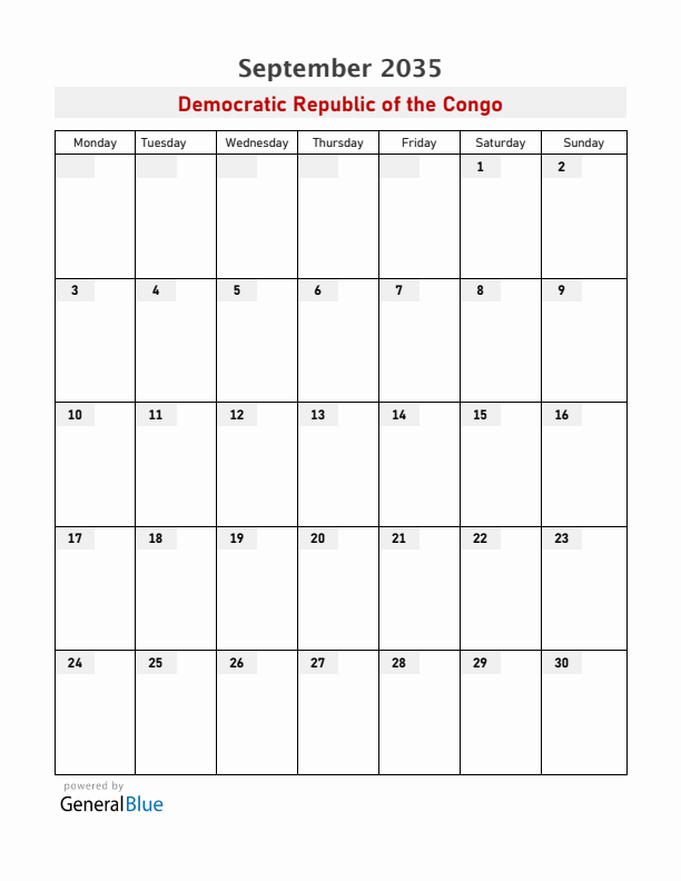 Democratic Republic of the Congo September 2035 Calendar with Holidays