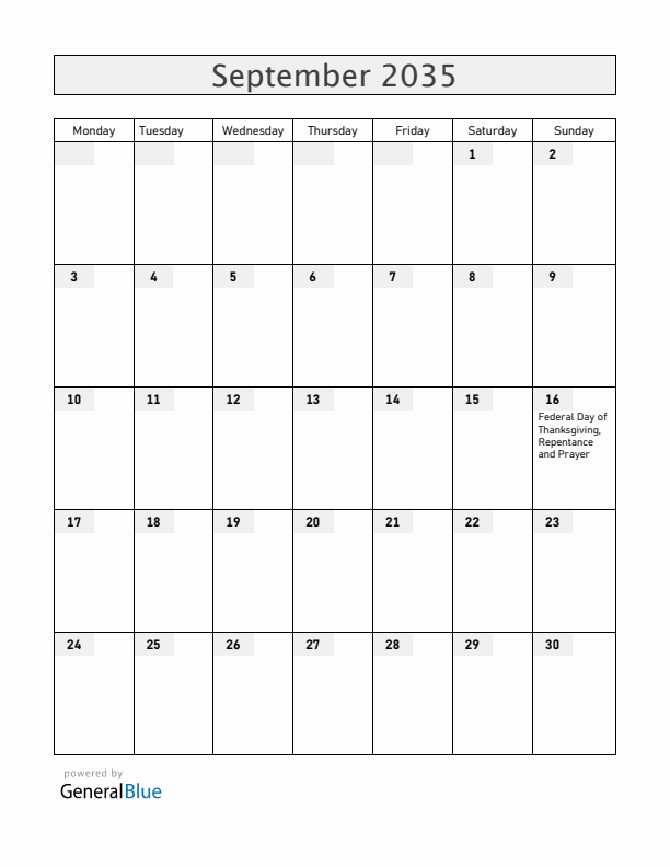 Switzerland September 2035 Calendar with Holidays