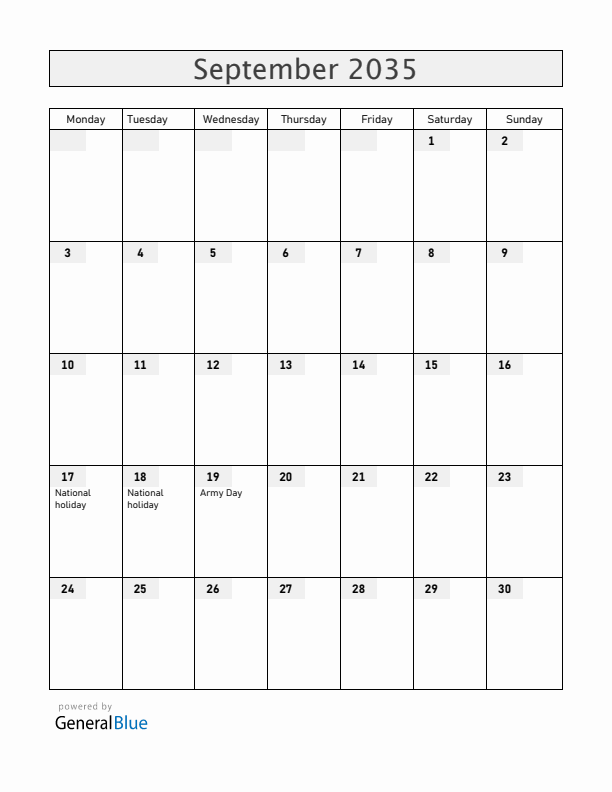 Chile September 2035 Calendar with Holidays