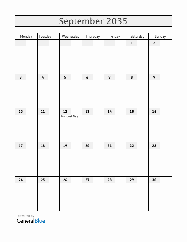 Cabo Verde September 2035 Calendar with Holidays