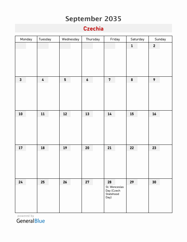 Czechia September 2035 Calendar with Holidays