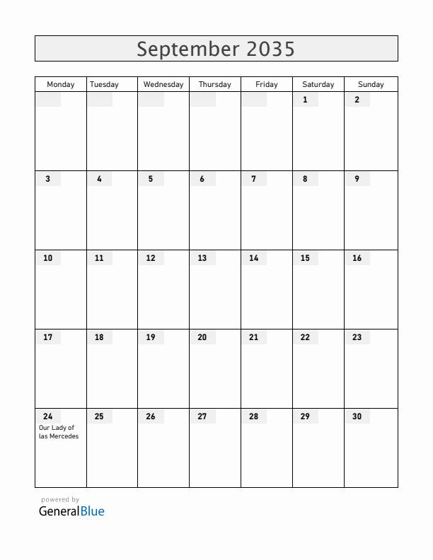 Dominican Republic September 2035 Calendar with Holidays