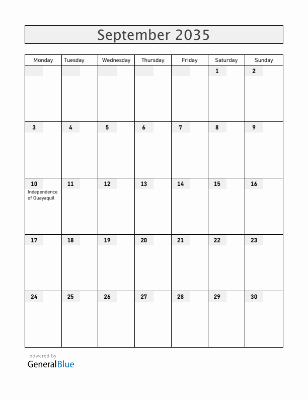 Ecuador September 2035 Calendar with Holidays