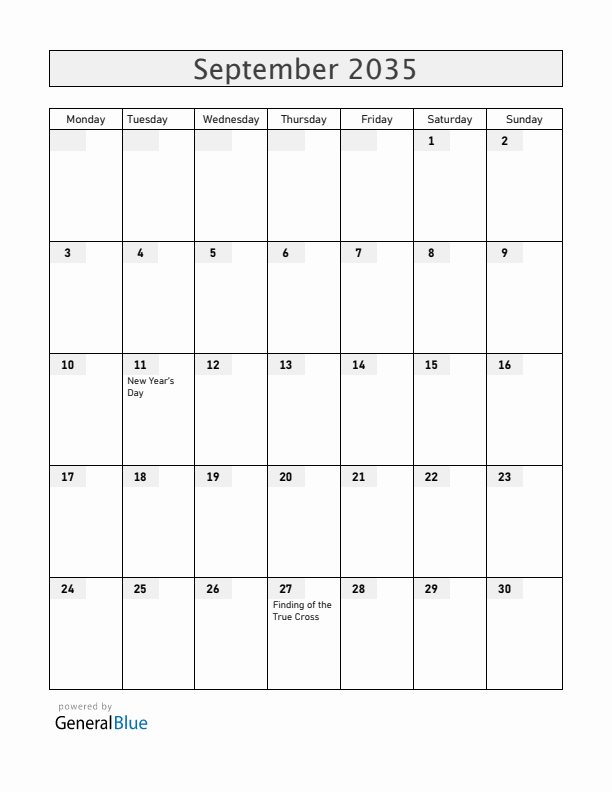 Ethiopia September 2035 Calendar with Holidays