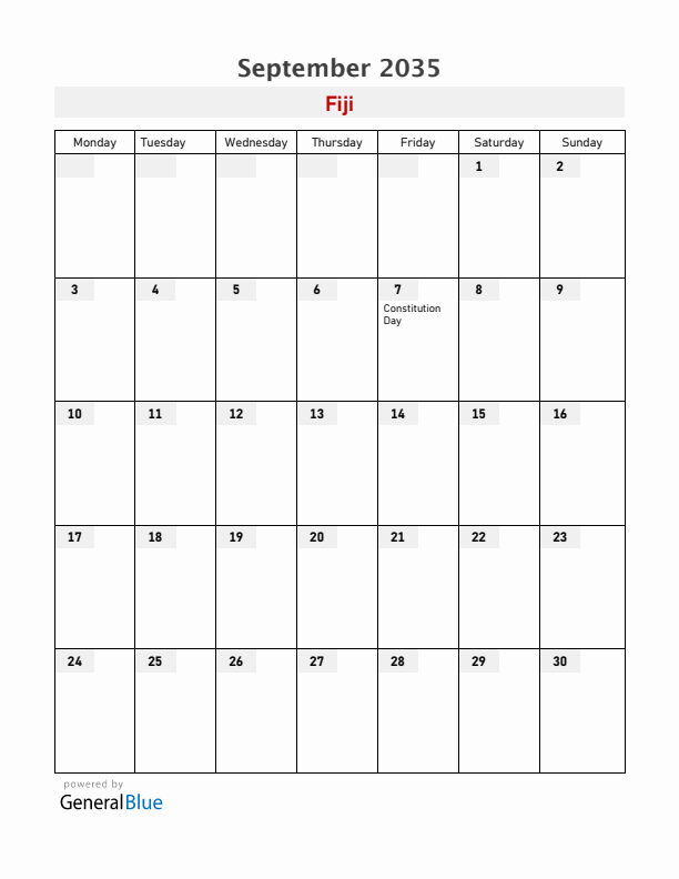 Fiji September 2035 Calendar with Holidays
