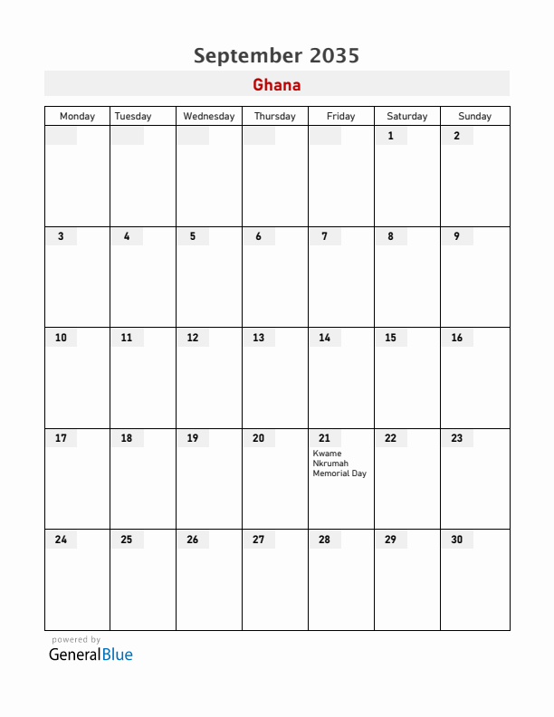 Ghana September 2035 Calendar with Holidays