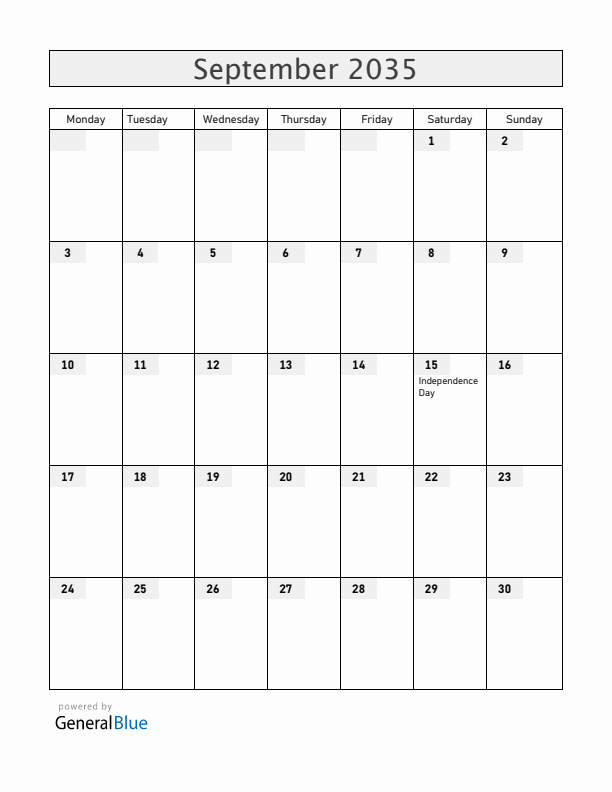 Guatemala September 2035 Calendar with Holidays